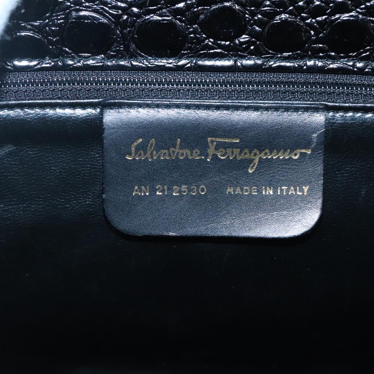 Salvatore Ferragamo Vala Tote Bag Leather Embossed Black Gold Auth BA3465