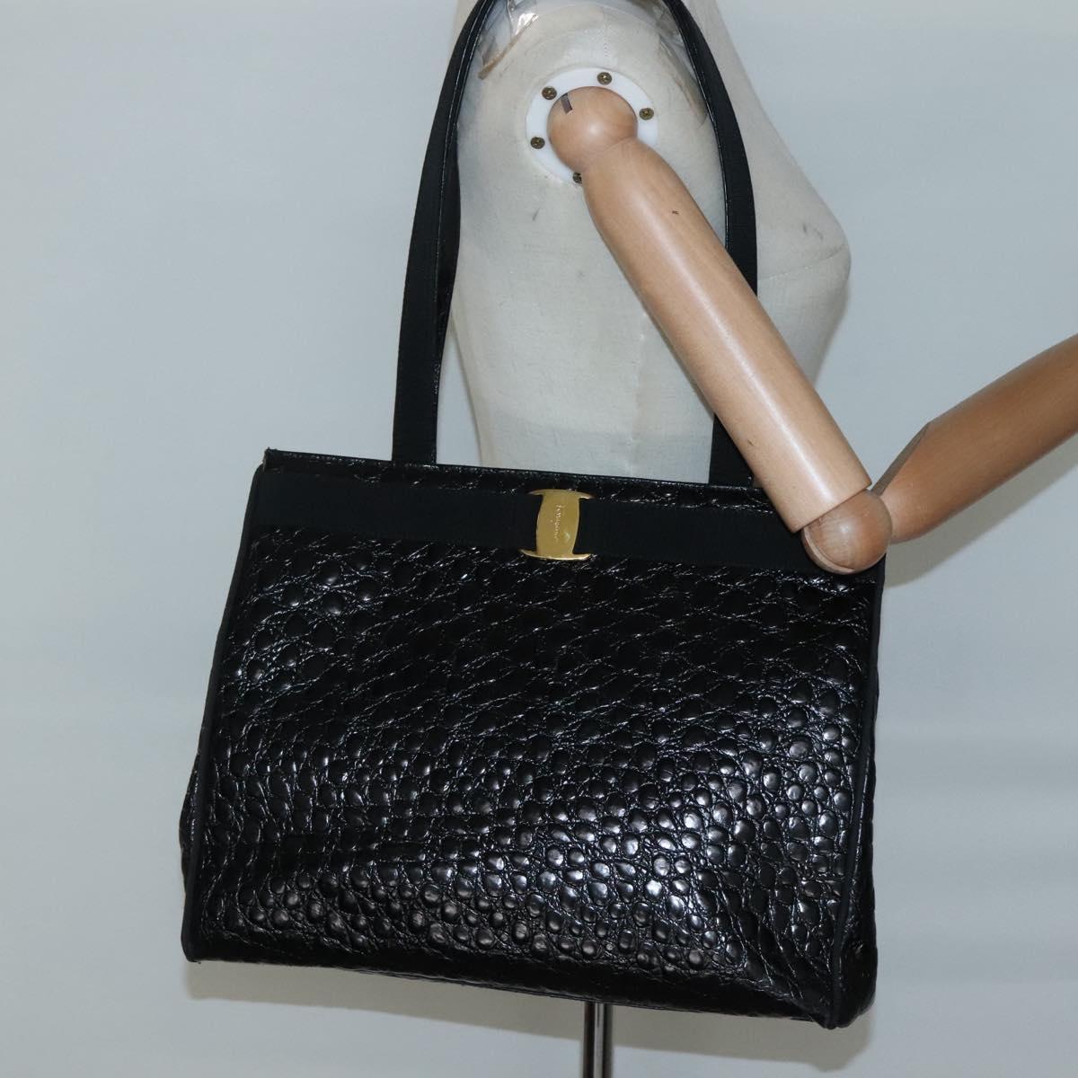 Salvatore Ferragamo Vala Tote Bag Leather Embossed Black Gold Auth BA3465