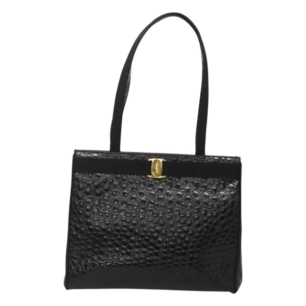Salvatore Ferragamo Vala Tote Bag Leather Embossed Black Gold Auth BA3465