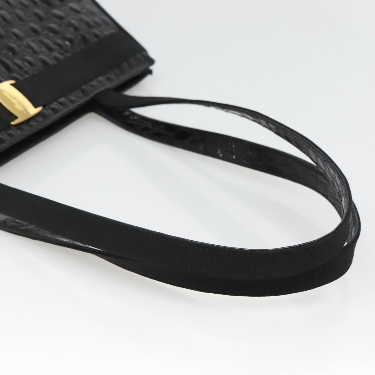 Salvatore Ferragamo Vala Tote Bag Leather Embossed Black Gold Auth BA3465