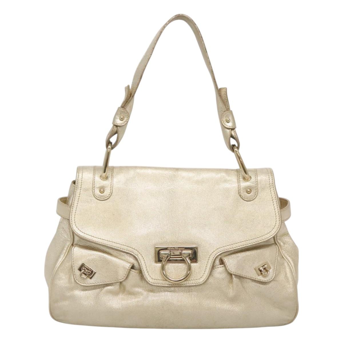 Salvatore Ferragamo Gancini Bag Leather Champagne Gold Gold Auth BA3466V