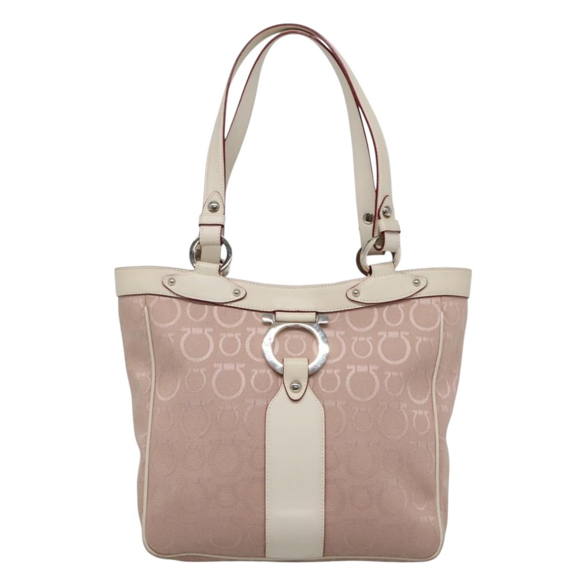 Salvatore Ferragamo Gancini Tote Bag Canvas Leather Pink Silver Auth BA3467