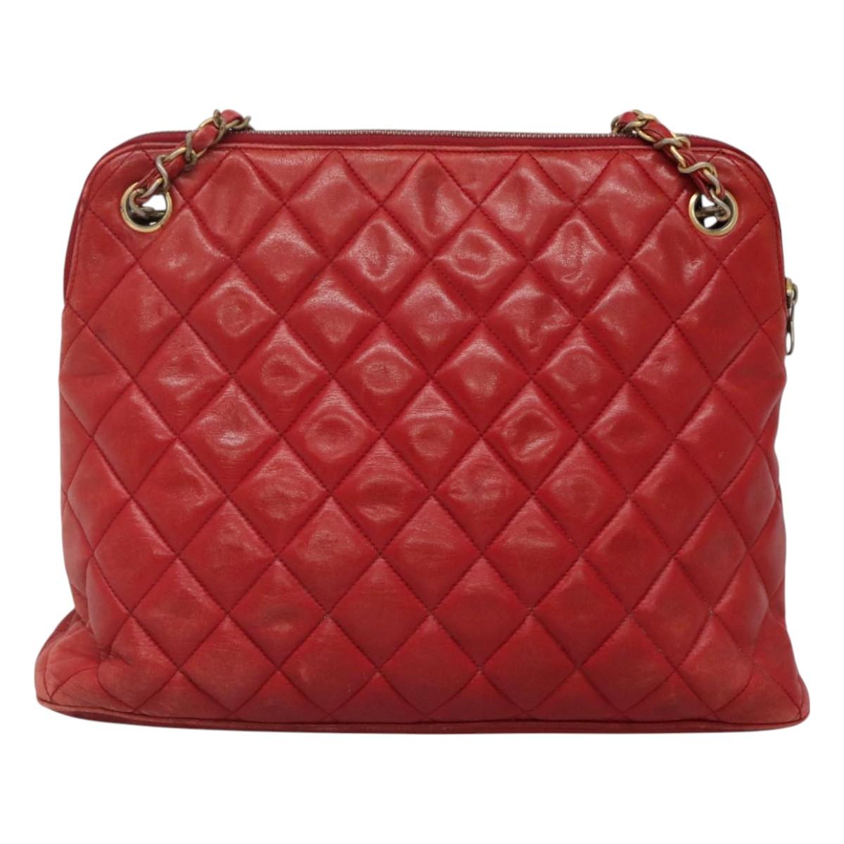 CHANEL Matelasse Chain Shoulder Bag Lamb Skin Red Gold CC Auth BA3499