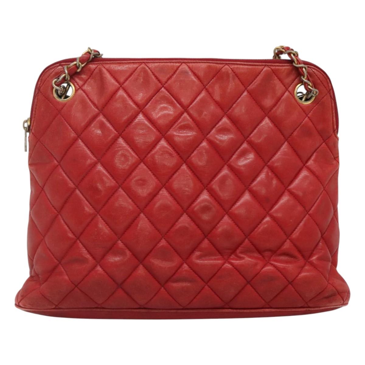 CHANEL Matelasse Chain Shoulder Bag Lamb Skin Red Gold CC Auth BA3499