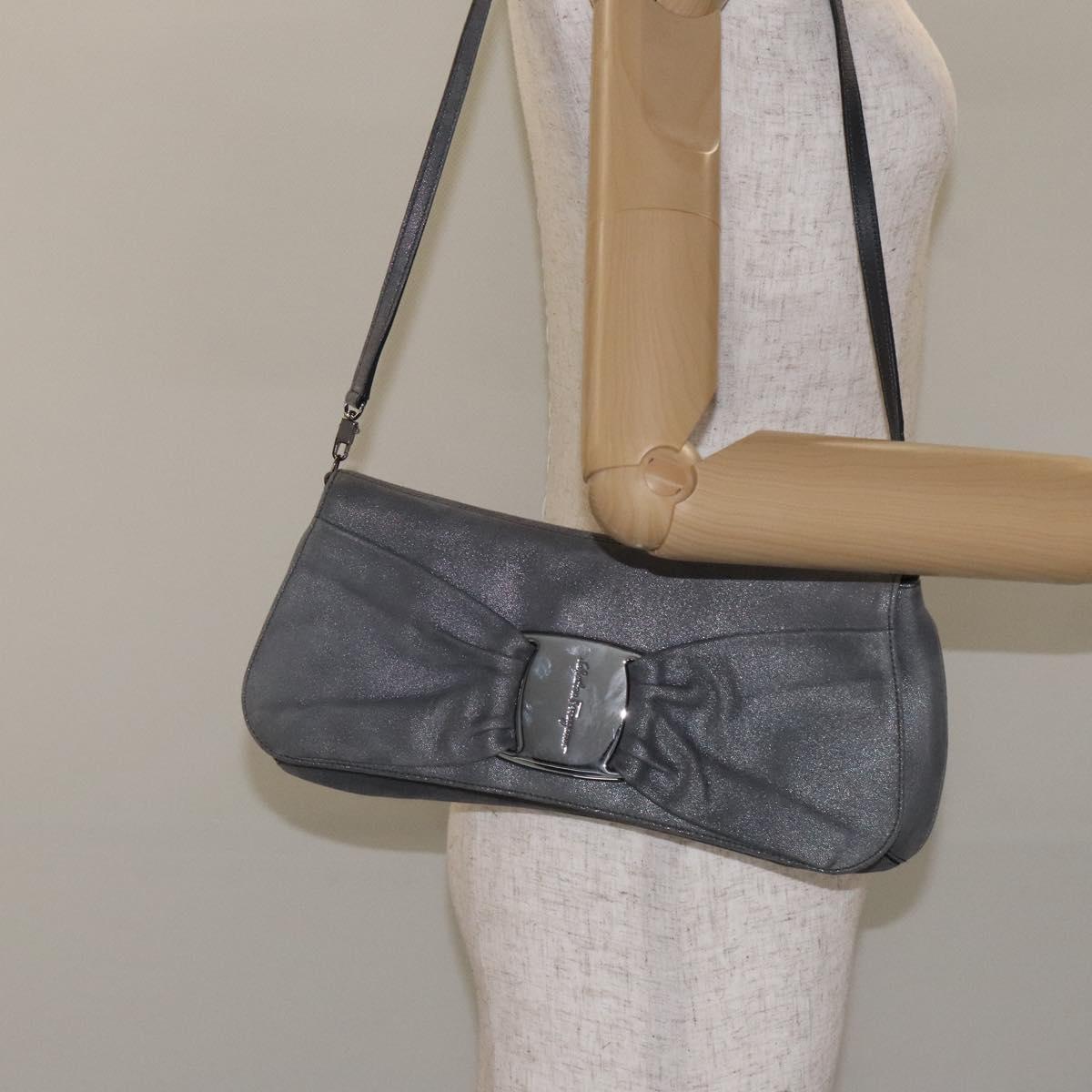Salvatore Ferragamo Vala Shoulder Bag Suede Gray Silver Auth BA3518
