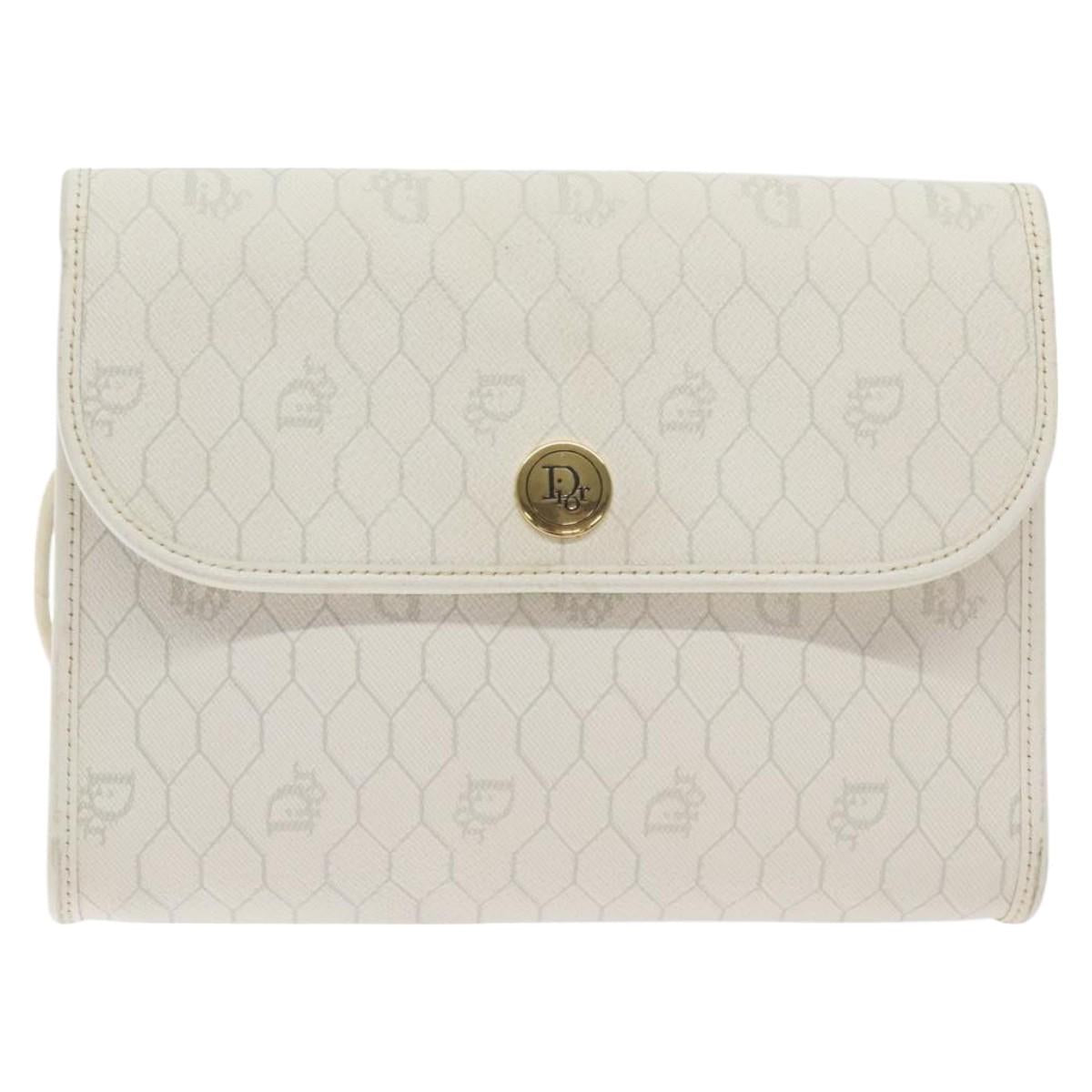 Christian Dior Honeycomb Canvas Shoulder Bag PVC White Gold Auth BA3542