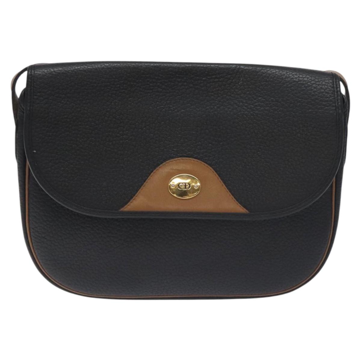 Christian Dior Shoulder Bag Leather Black Gold Auth BA3573