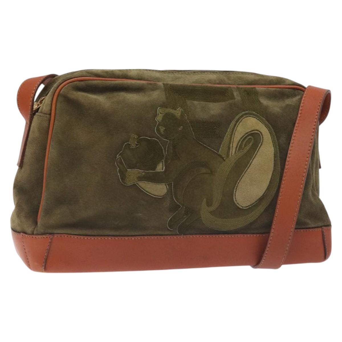 FENDI Shoulder Bag Suede Leather Khaki Gold Auth BA3594