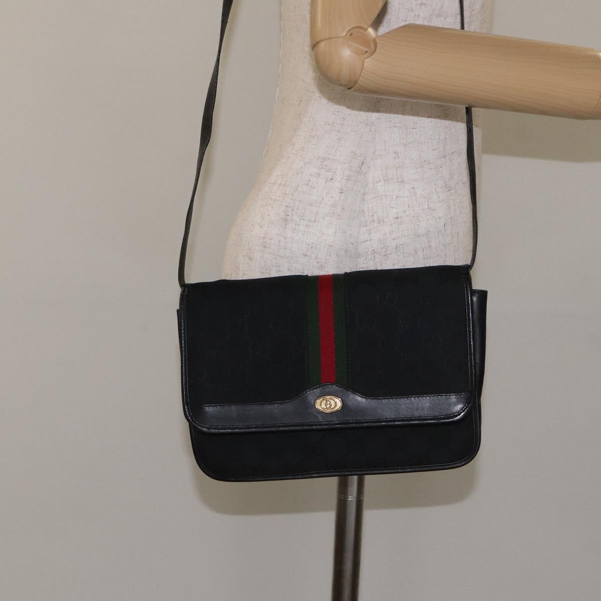 GUCCI GG Canvas Web Sherry Line Shoulder Bag Black Gold Red Auth BA3596