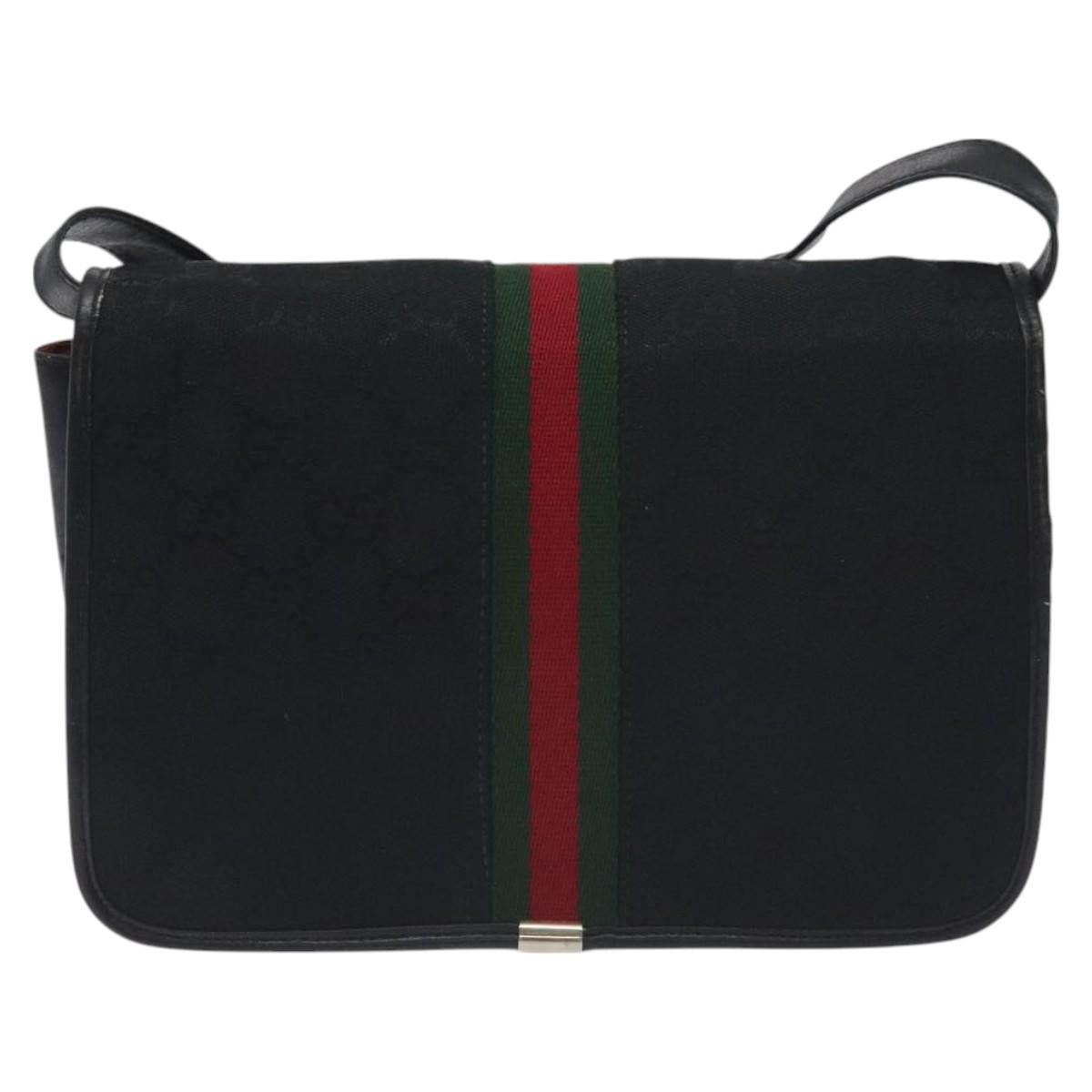 GUCCI GG Canvas Web Sherry Line Shoulder Bag Black Gold Red Auth BA3596