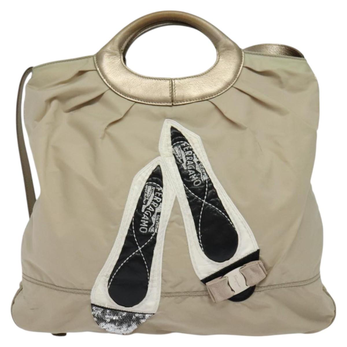 Salvatore Ferragamo Vala Hand Bag Nylon 2way Beige Silver Auth BA3615