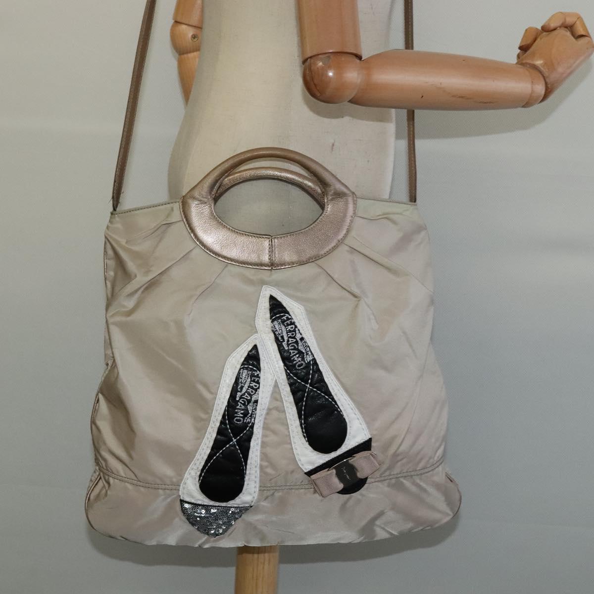 Salvatore Ferragamo Vala Hand Bag Nylon 2way Beige Silver Auth BA3615