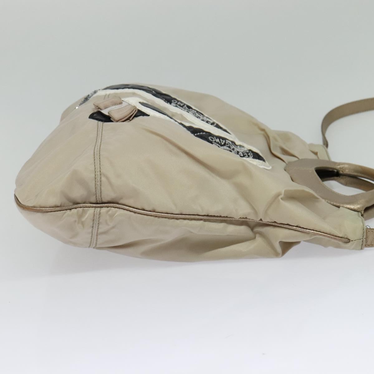 Salvatore Ferragamo Vala Hand Bag Nylon 2way Beige Silver Auth BA3615