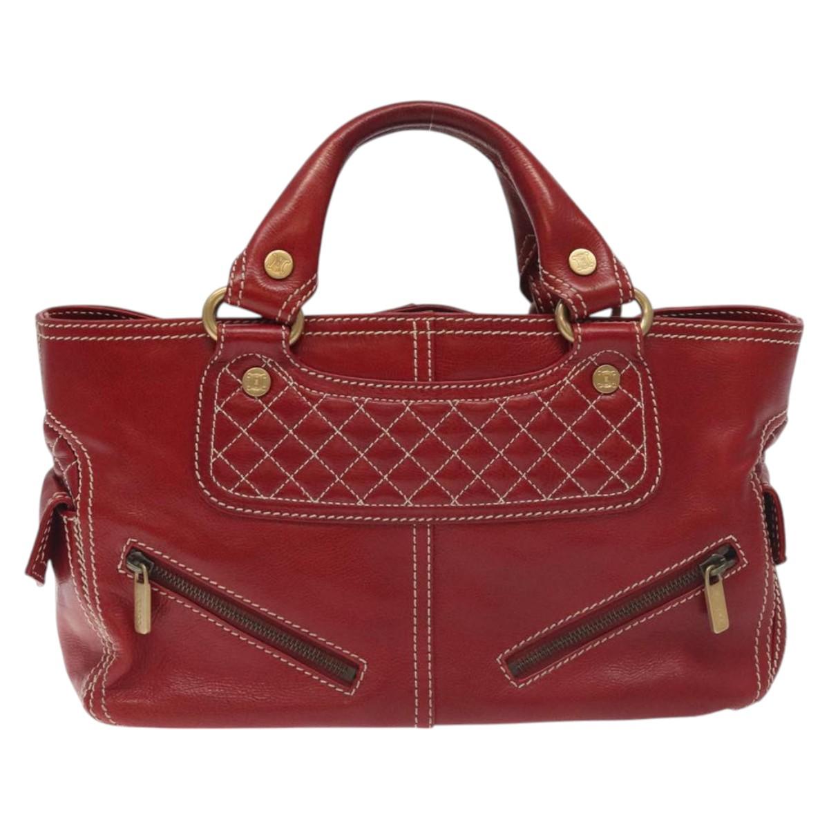 CELINE Hand Bag Leather Red Gold Auth BA3620