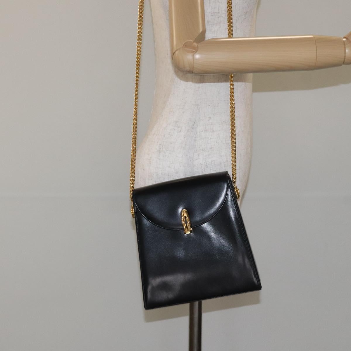 BALLY Chain Shoulder Bag Leather Black Gold Auth BA3624