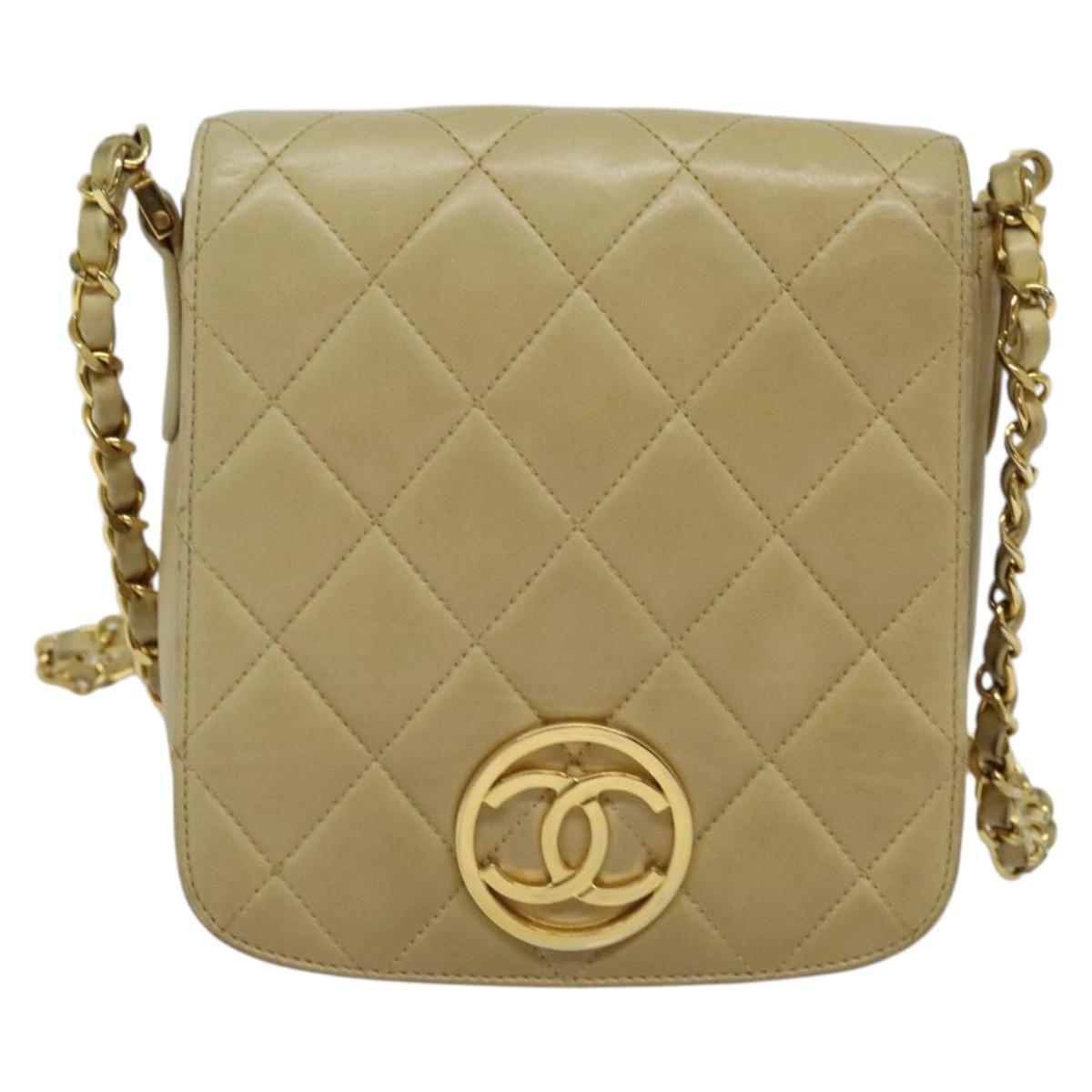 CHANEL Matelasse Chain Shoulder Bag Lamb Skin Beige Gold CC Auth BA3639