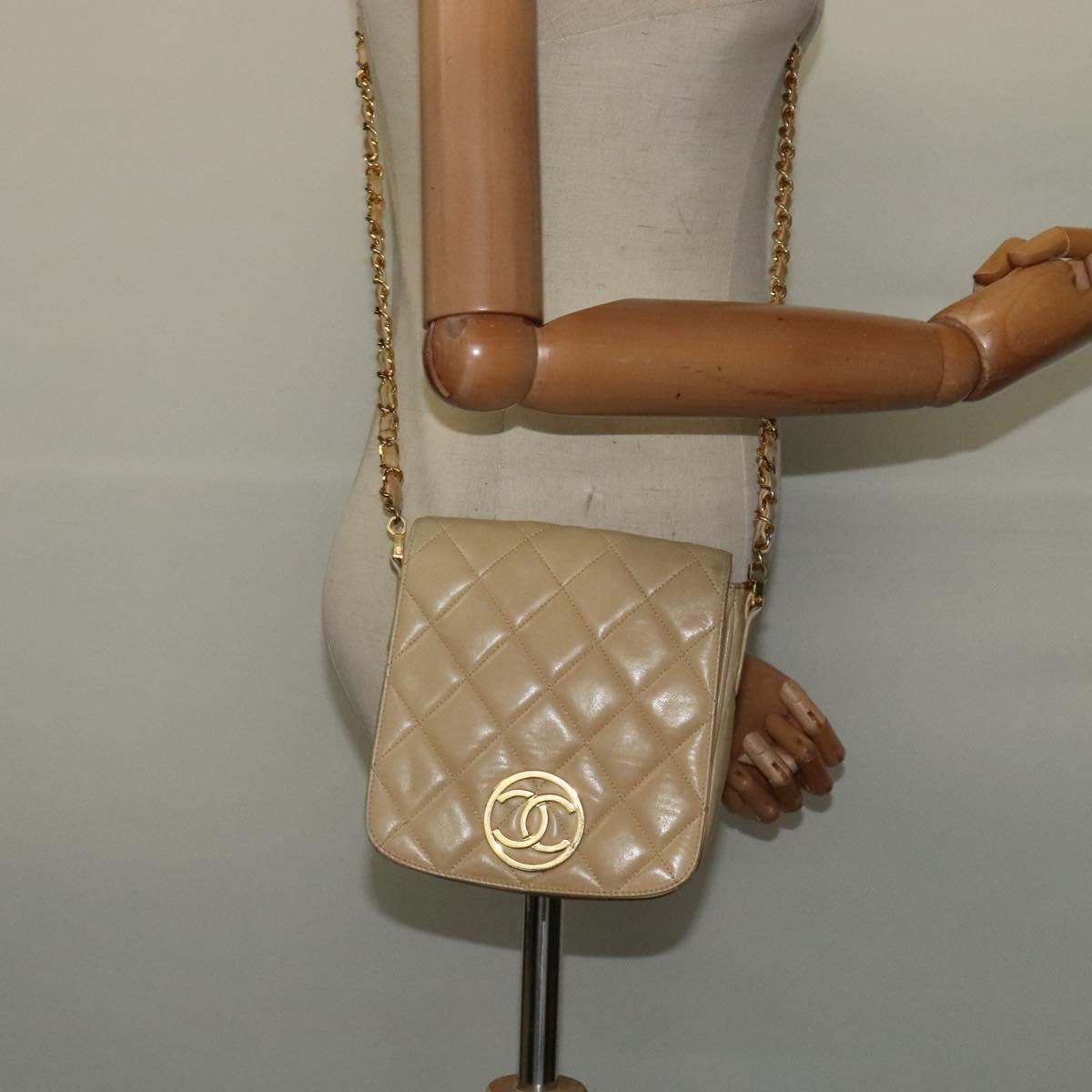 CHANEL Matelasse Chain Shoulder Bag Lamb Skin Beige Gold CC Auth BA3639