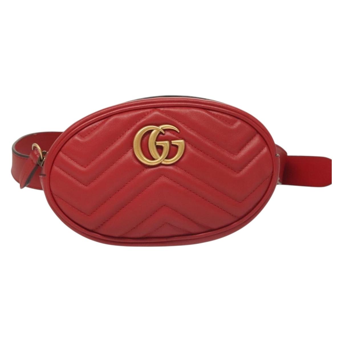 GUCCI GG Marmont Waist Bag Leather Red Gold 476434 Auth BA3650