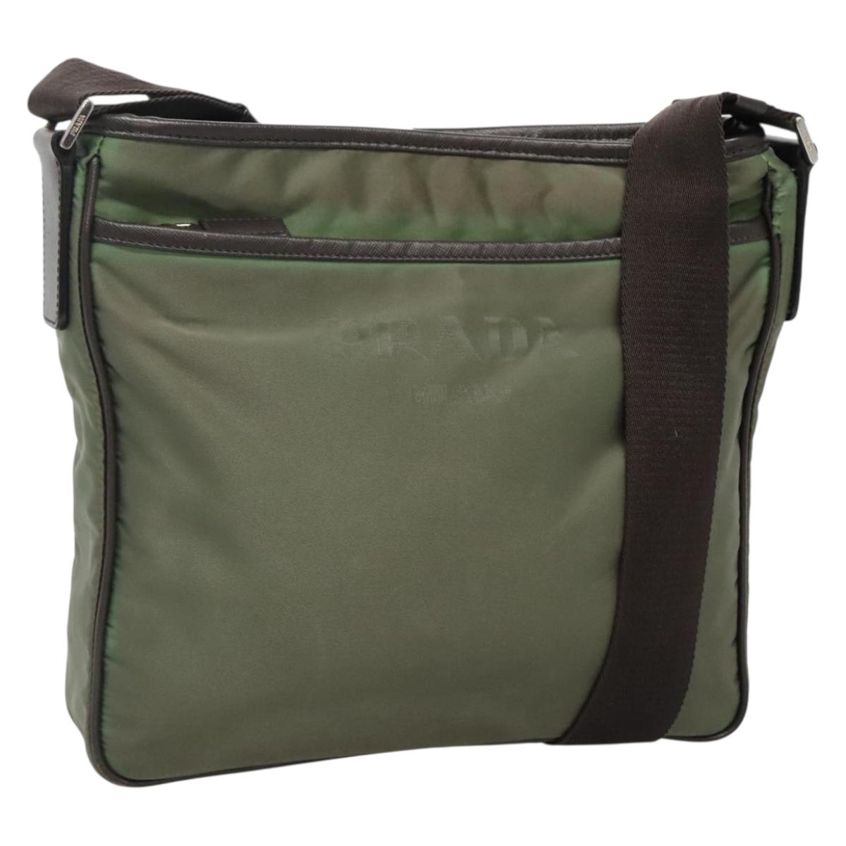 PRADA Shoulder Bag Nylon Khaki Silver Auth BA3657