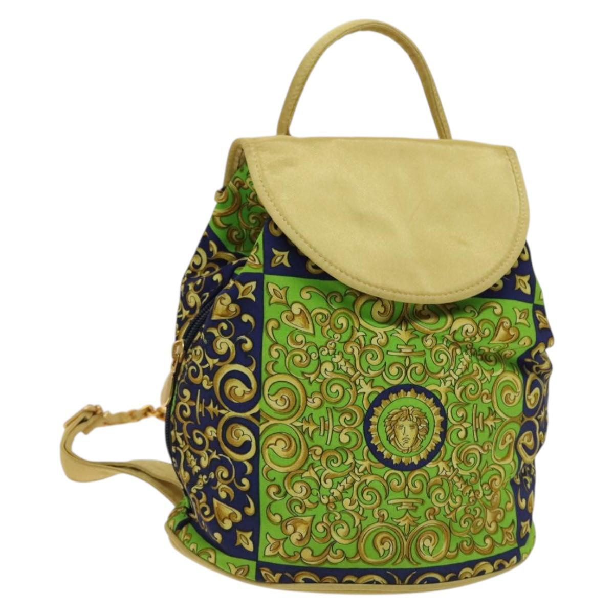 VERSACE Chain Backpack Nylon Beige Gold Auth BA3663