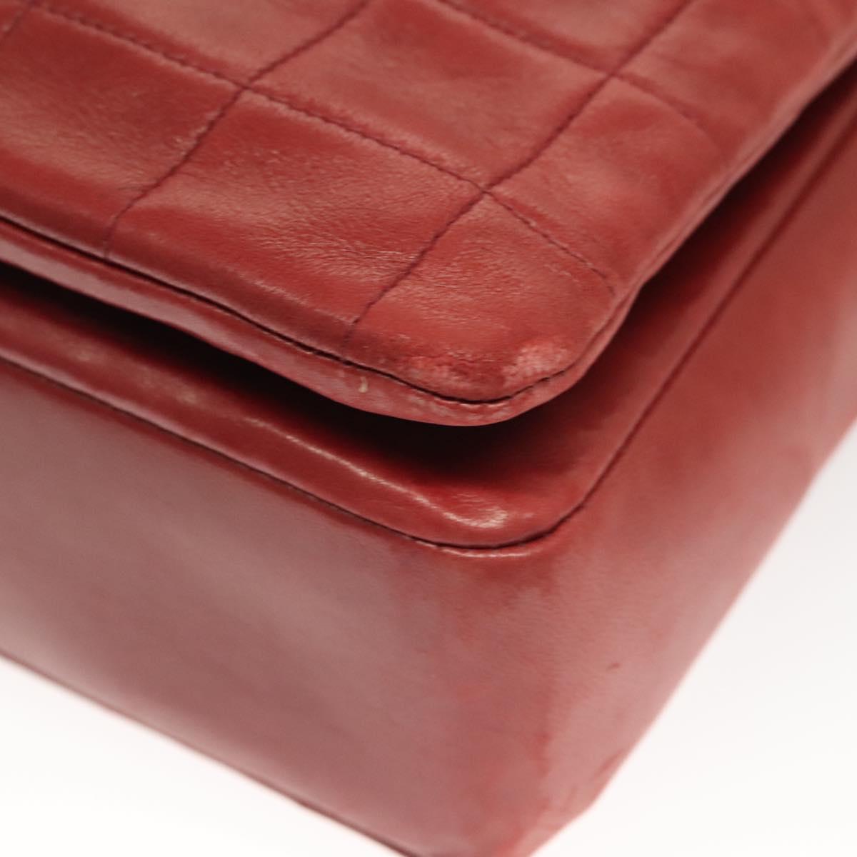 CHANEL Choco Bar Chain Shoulder Bag Lamb Skin Red Silver CC Auth BA3678