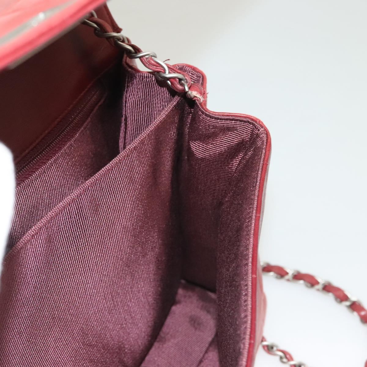 CHANEL Choco Bar Chain Shoulder Bag Lamb Skin Red Silver CC Auth BA3678