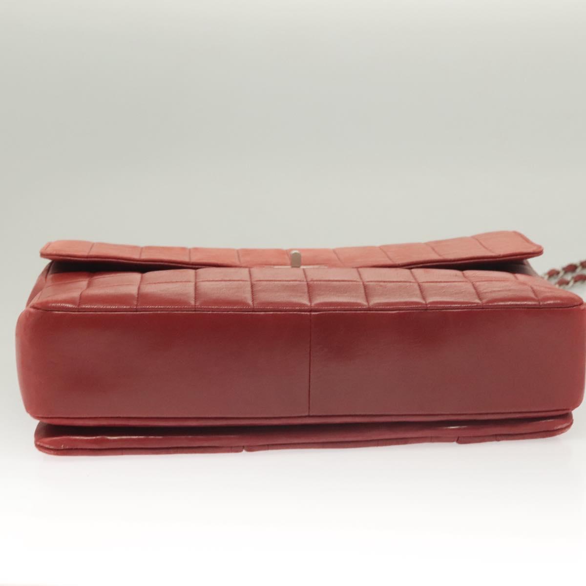 CHANEL Choco Bar Chain Shoulder Bag Lamb Skin Red Silver CC Auth BA3678