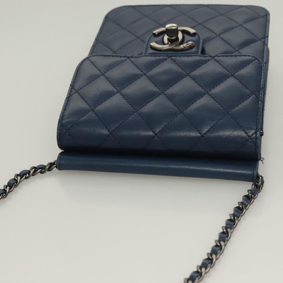 CHANEL Chain Shoulder Bag Lamb Skin Blue CC Auth BA3679