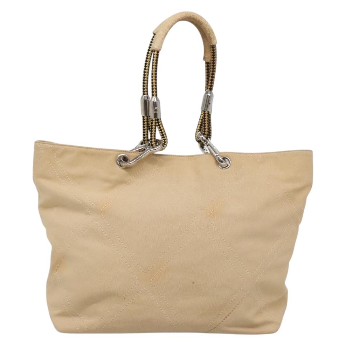 CHANEL COCO Mark Tote Bag Canvas Beige Silver CC Auth BA3696