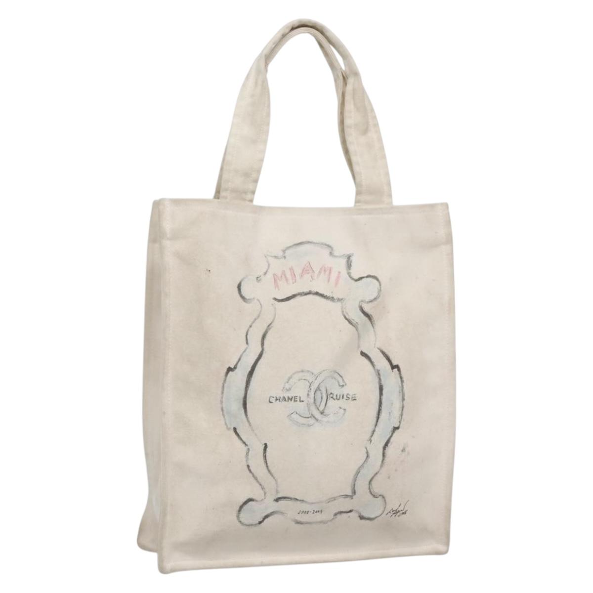 CHANEL COCO Mark Tote Bag Canvas White Silver CC Auth BA3697