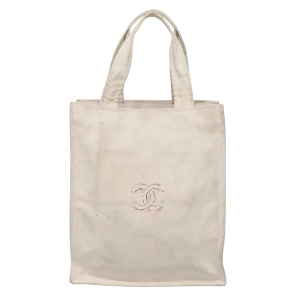 CHANEL COCO Mark Tote Bag Canvas White Silver CC Auth BA3697