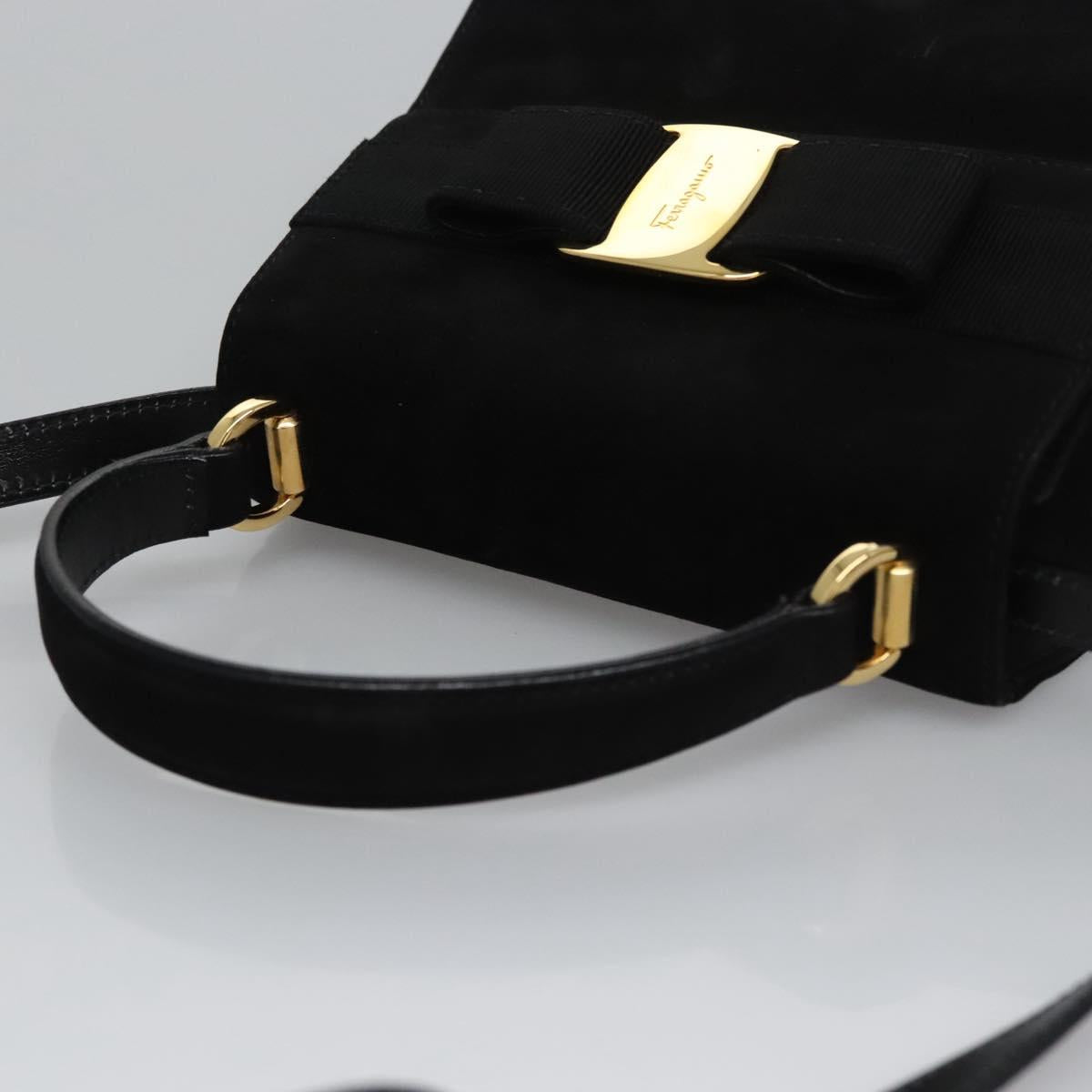 Salvatore Ferragamo Vala Hand Bag Suede 2way Black Gold Auth BA373