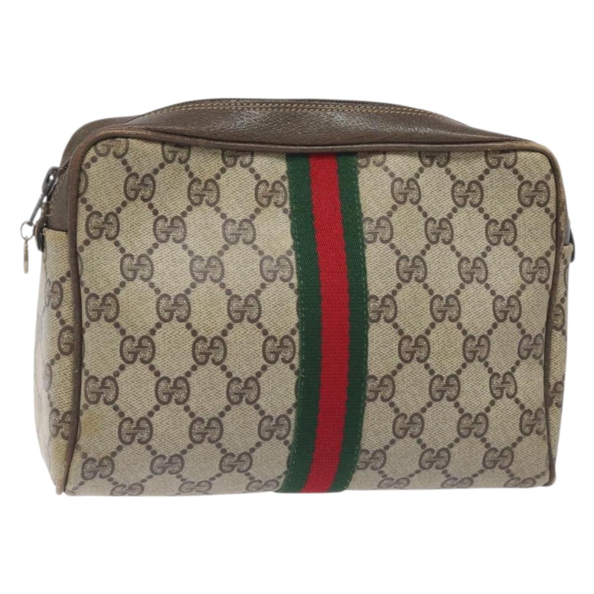 GUCCI GG Supreme Web Sherry Line Clutch Bag PVC Beige Gold Red Auth BA3731