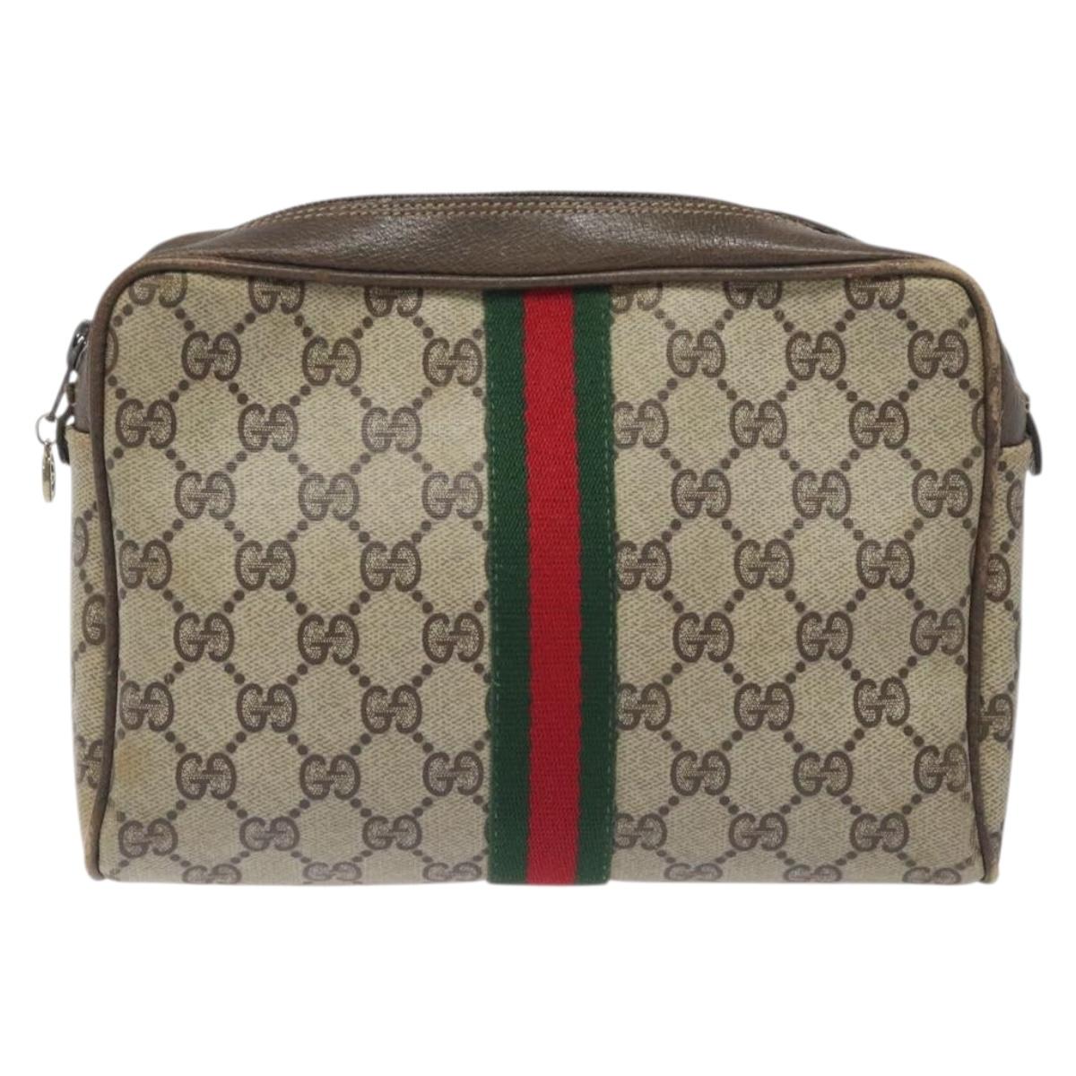 GUCCI GG Supreme Web Sherry Line Clutch Bag PVC Beige Gold Red Auth BA3731