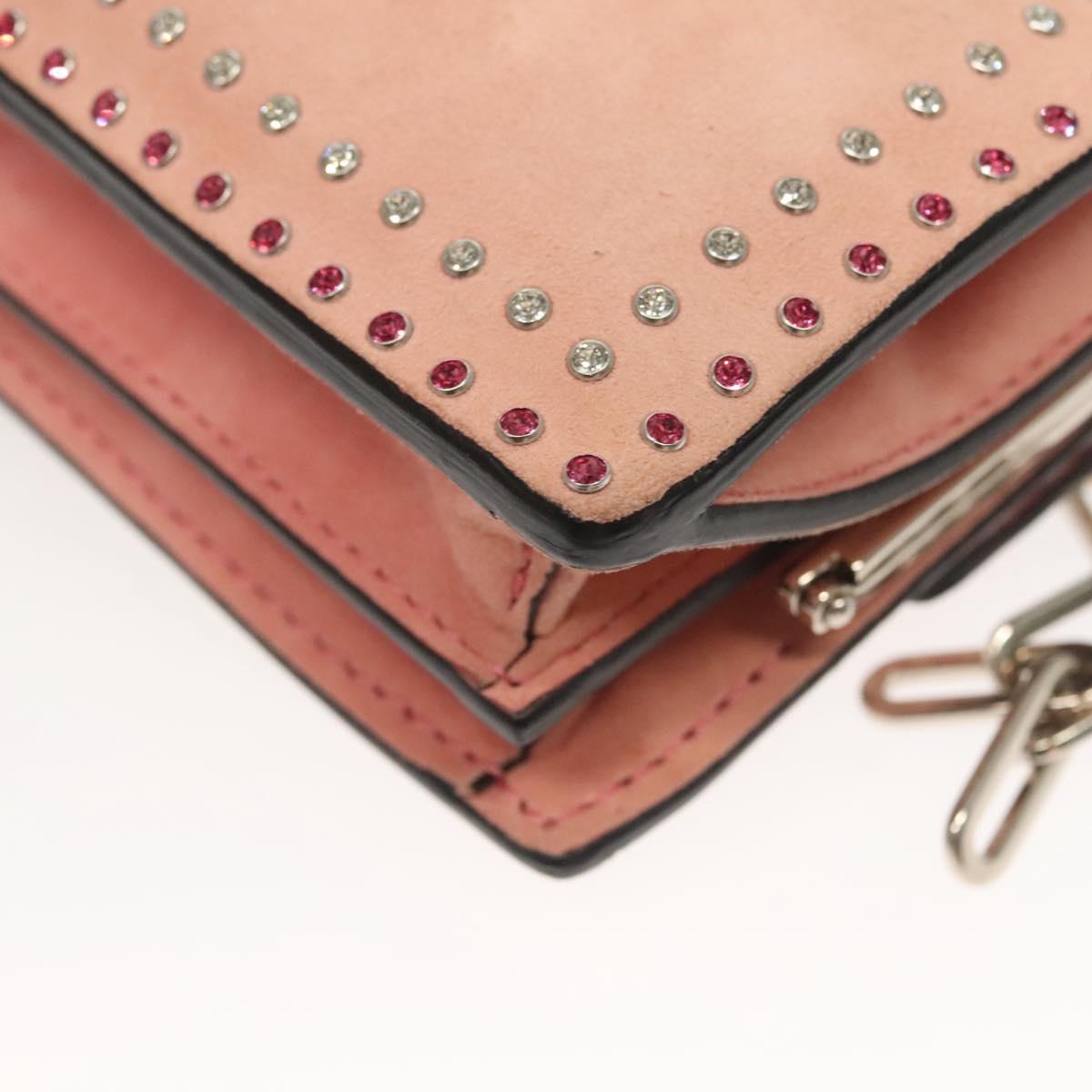 VALENTINO Rhinestone Chain Shoulder Bag Suede Pink Silver Auth BA3802