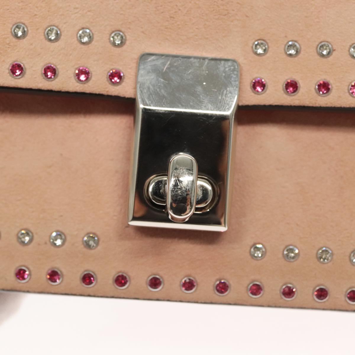 VALENTINO Rhinestone Chain Shoulder Bag Suede Pink Silver Auth BA3802