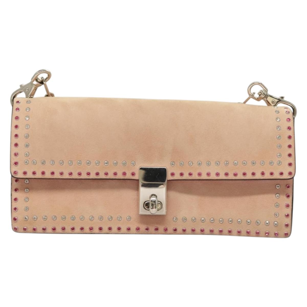 VALENTINO Rhinestone Chain Shoulder Bag Suede Pink Silver Auth BA3802