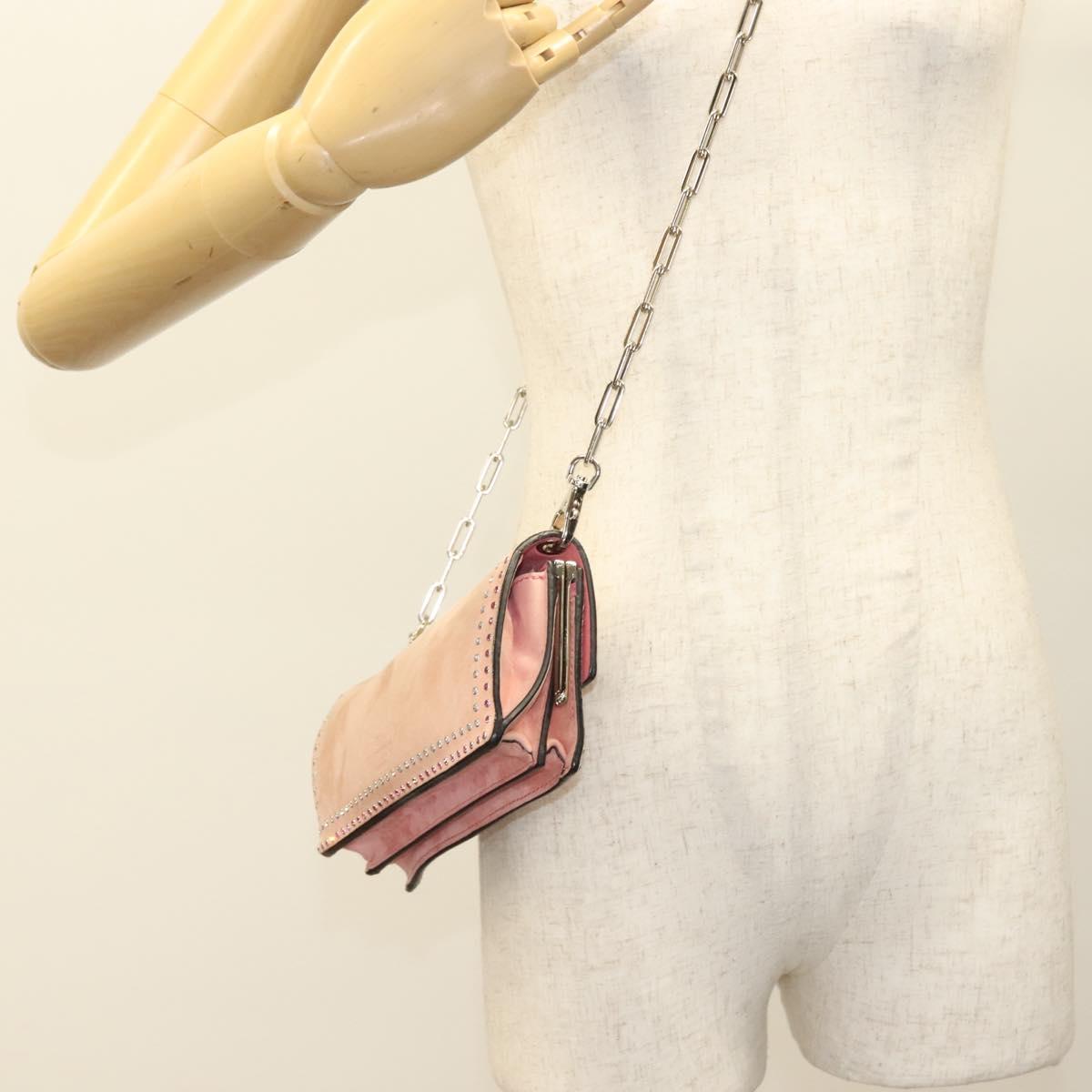 VALENTINO Rhinestone Chain Shoulder Bag Suede Pink Silver Auth BA3802