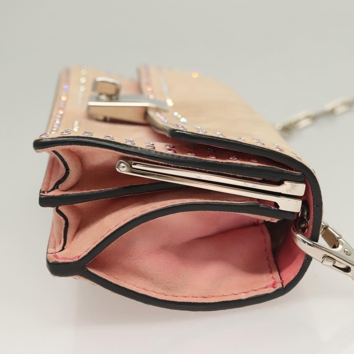 VALENTINO Rhinestone Chain Shoulder Bag Suede Pink Silver Auth BA3802
