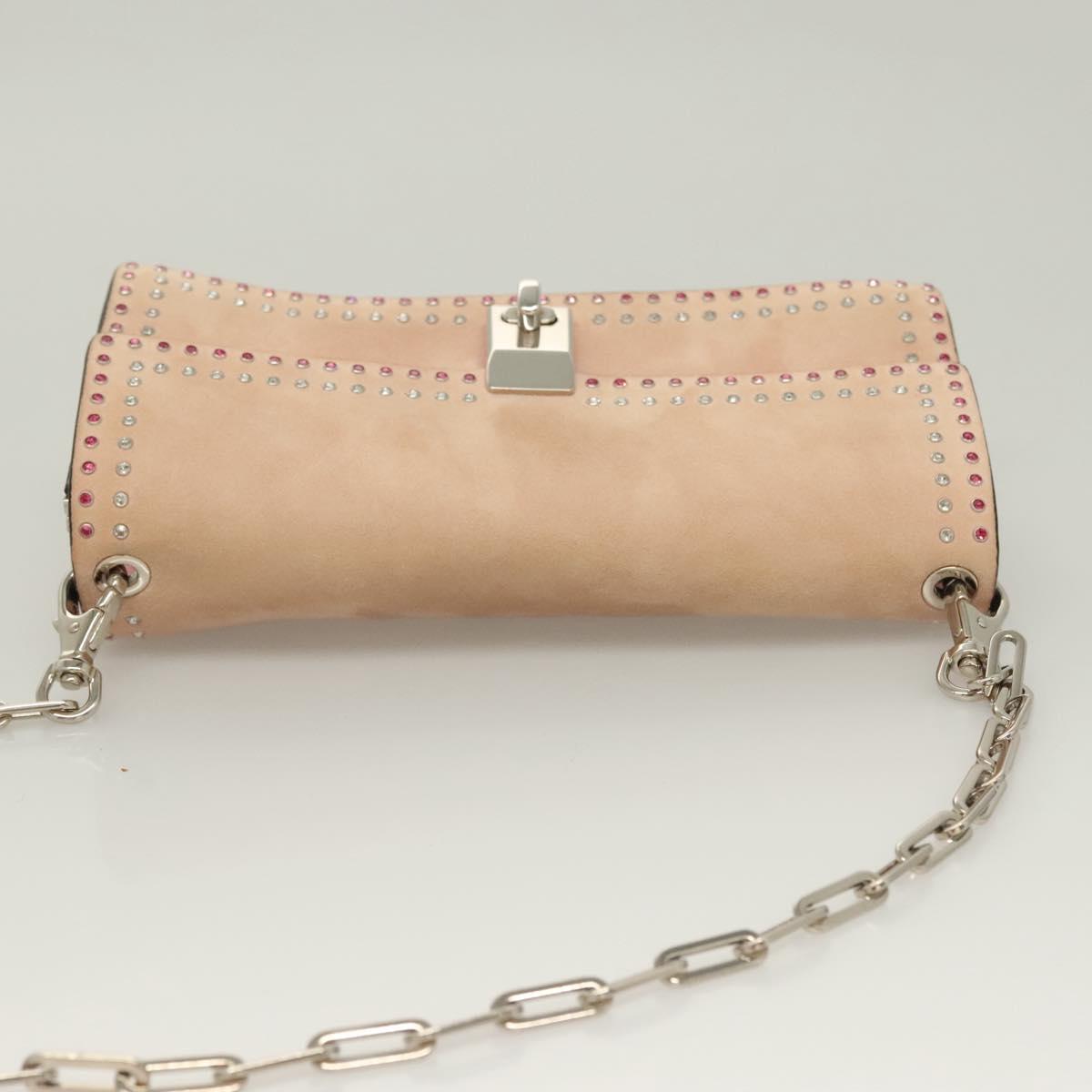 VALENTINO Rhinestone Chain Shoulder Bag Suede Pink Silver Auth BA3802