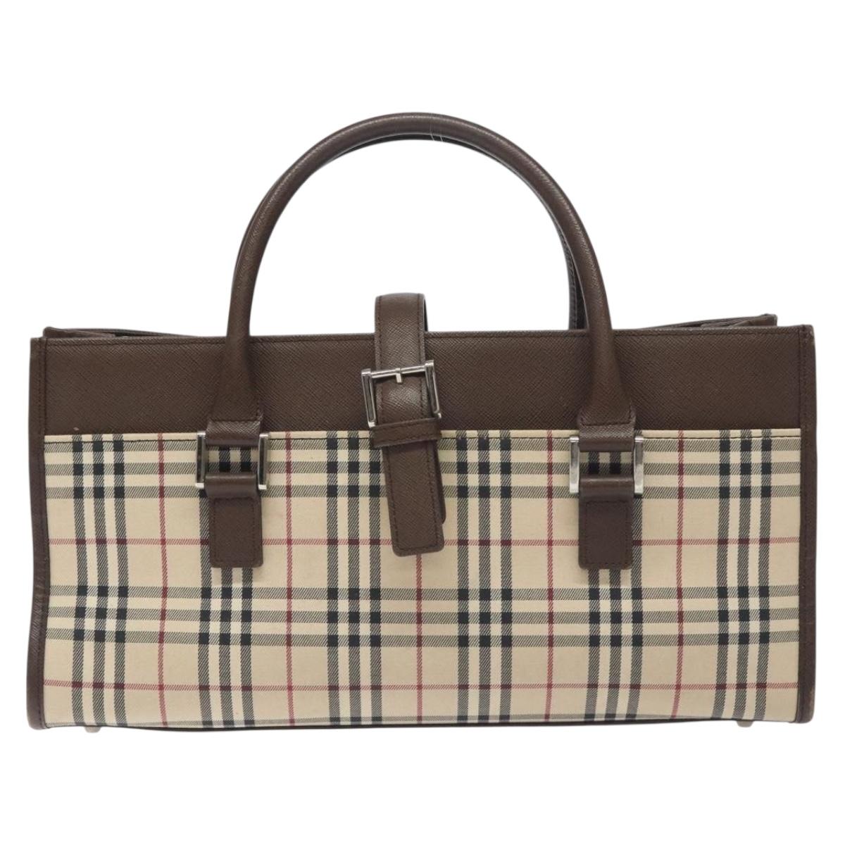 BURBERRY Nova Check Hand Bag Canvas Beige Silver Auth BA3809