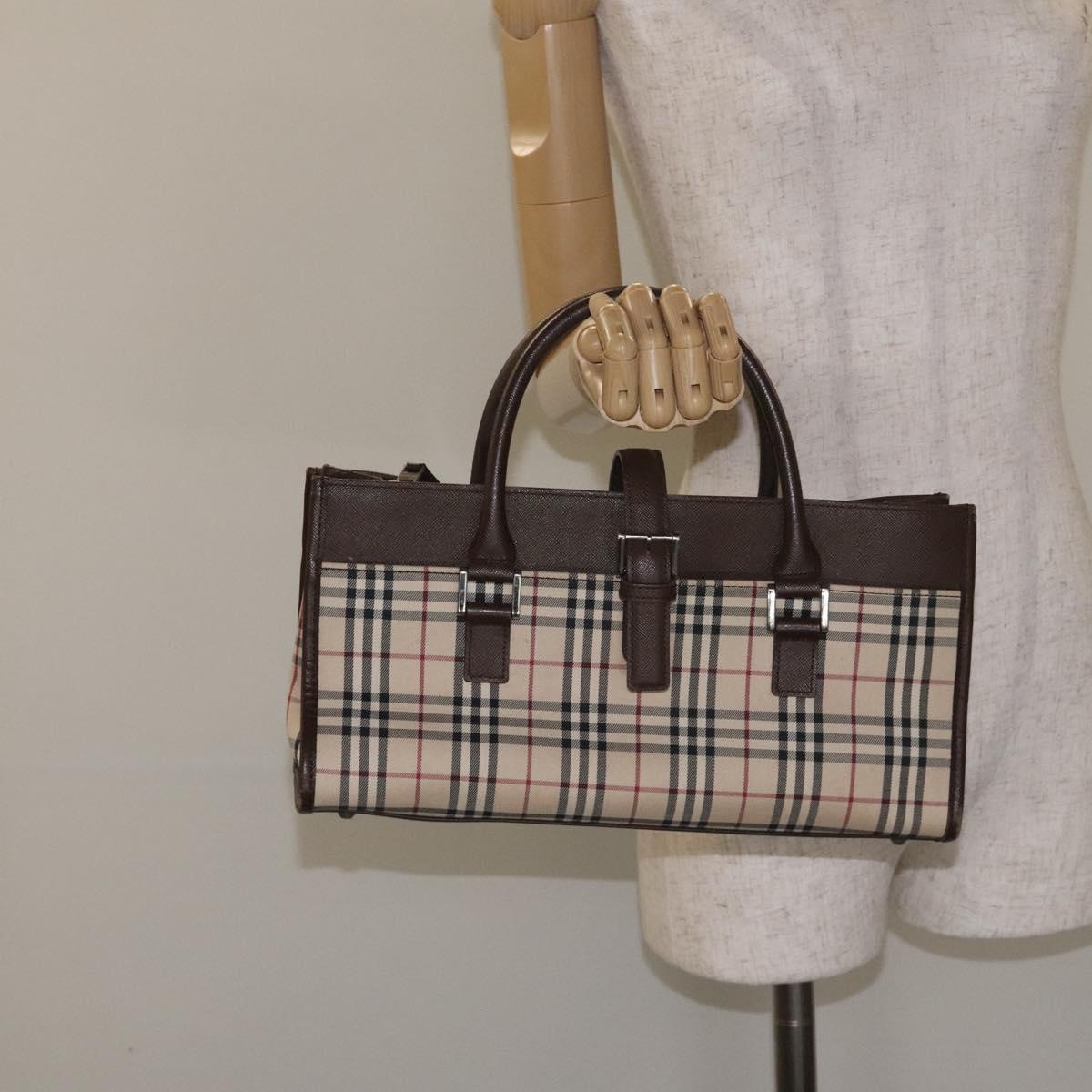 BURBERRY Nova Check Hand Bag Canvas Beige Silver Auth BA3809
