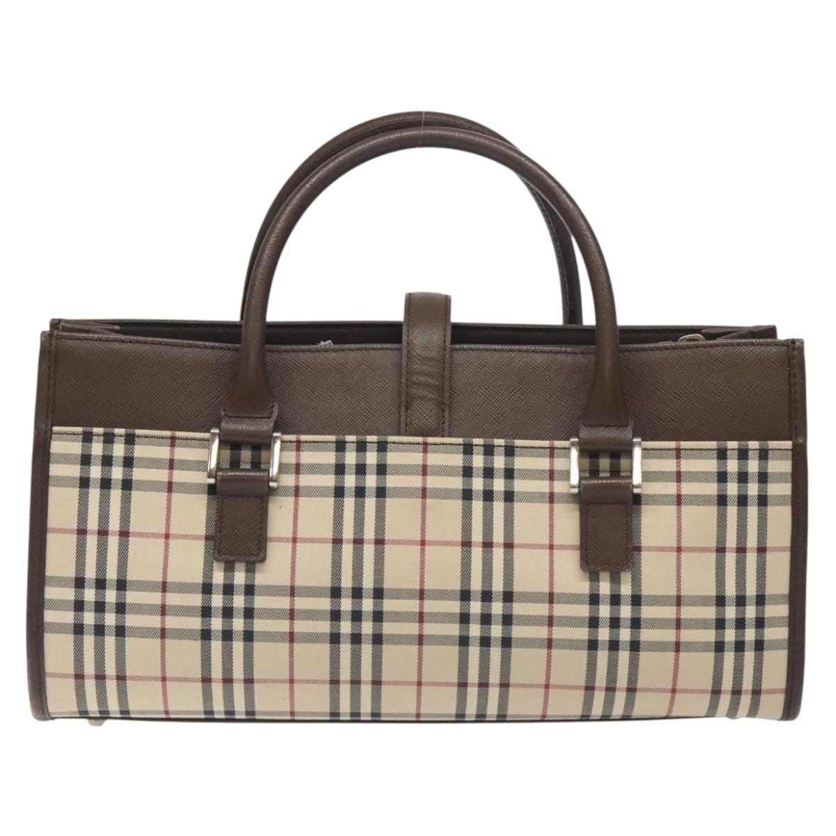 BURBERRY Nova Check Hand Bag Canvas Beige Silver Auth BA3809