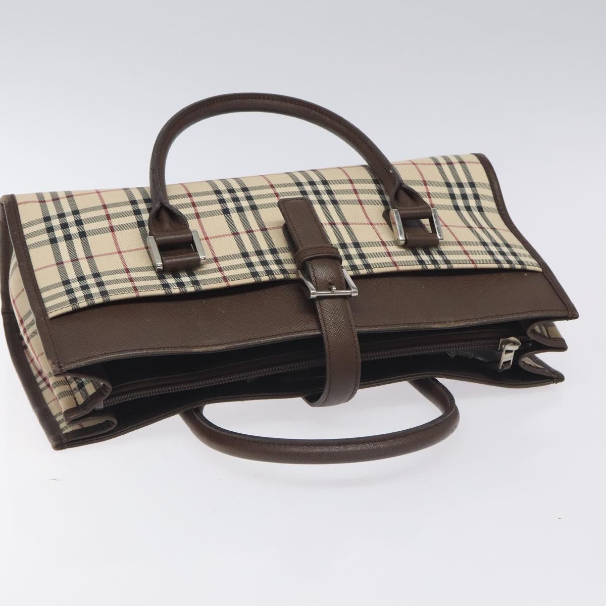 BURBERRY Nova Check Hand Bag Canvas Beige Silver Auth BA3809