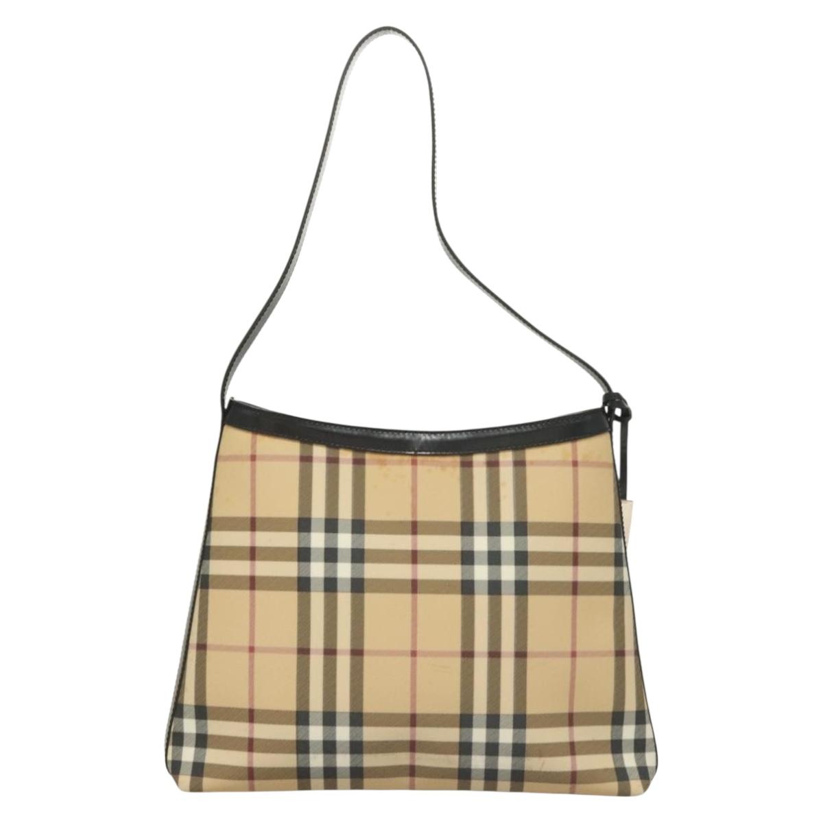 BURBERRY Nova Check Shoulder Bag PVC Beige Silver Auth BA3813