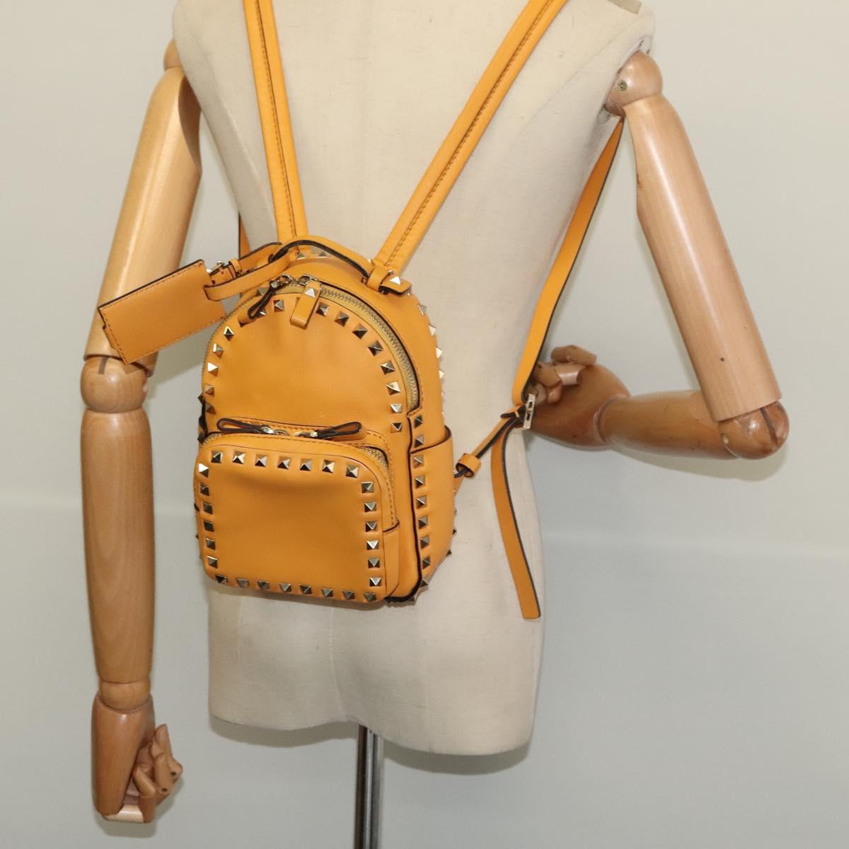 VALENTINO Studs Backpack Leather Yellow Silver Auth BA3815