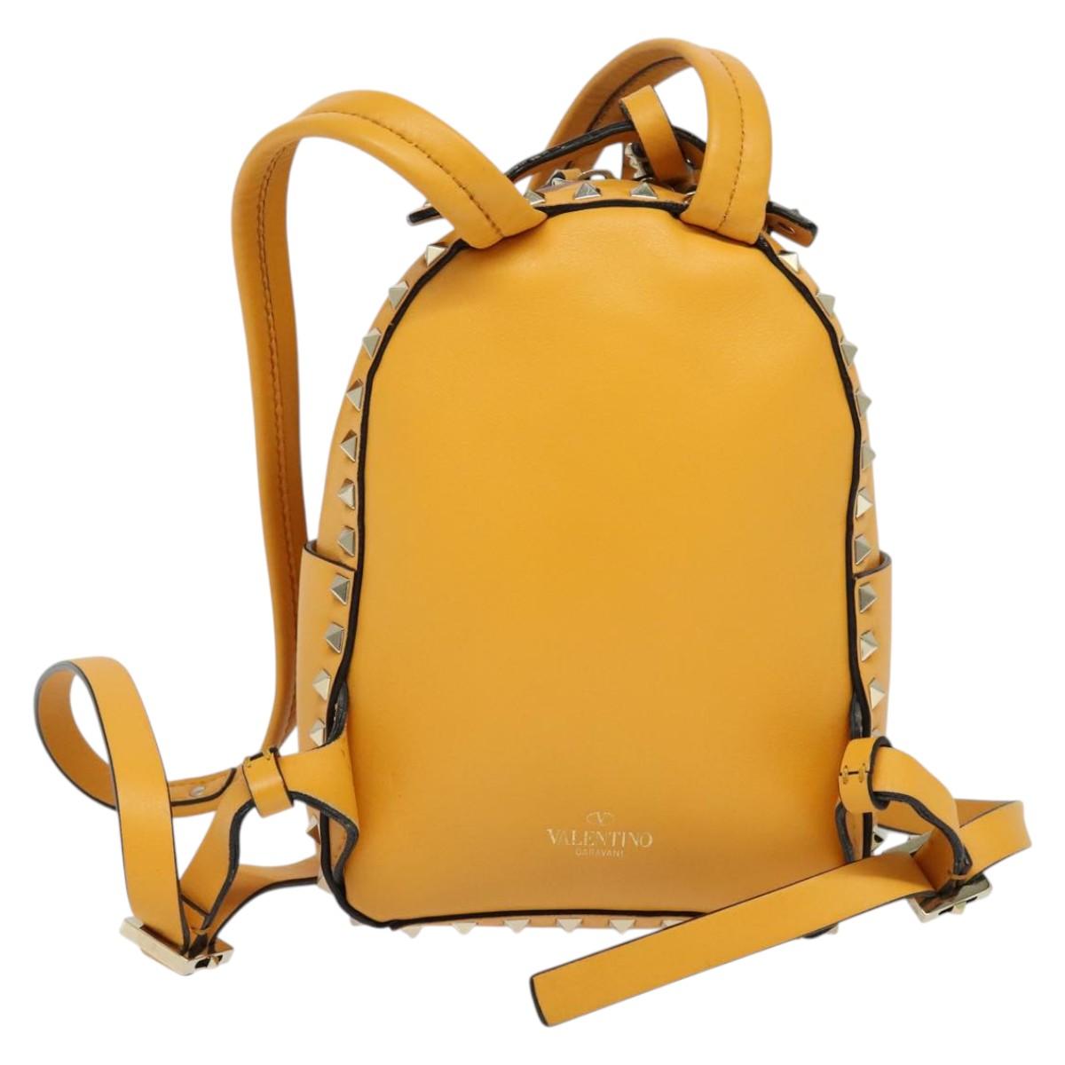 VALENTINO Studs Backpack Leather Yellow Silver Auth BA3815