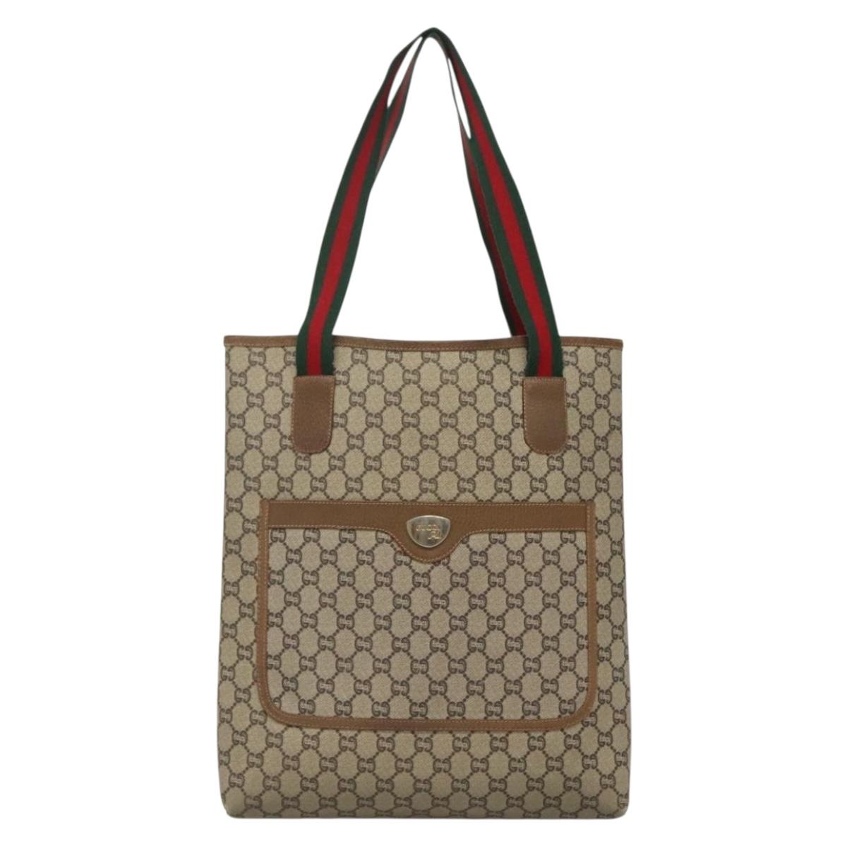 GUCCI GG Plus Supreme Web Sherry Line Tote Bag PVC Beige Gold Auth BA3850