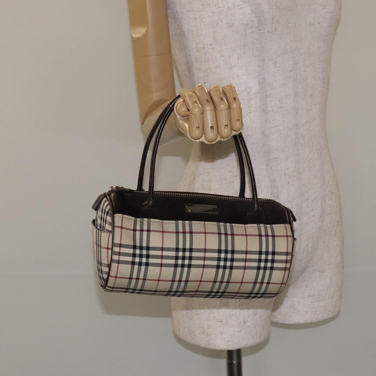 BURBERRY Nova Check Hand Bag Canvas Beige Silver Auth BA3892