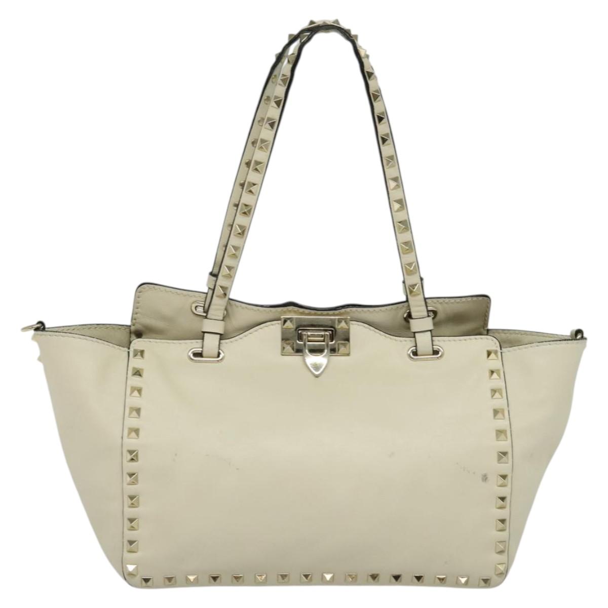 VALENTINO Studs Tote Bag Leather White Gold Auth BA3903